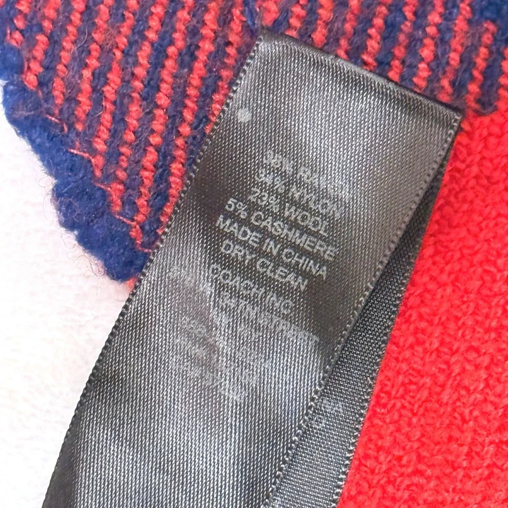 Coach Red Blue Buffalo Plaid Scarf OS Wool Cashmere Blend Leather Logo Fringe